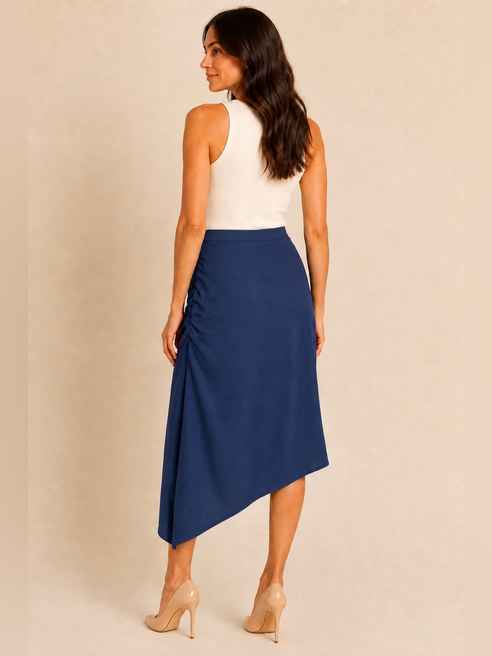 The Drop Navy Blue Ruched Asymmetrical Midi Skirt Women’s Size L - Picture 2 of 9